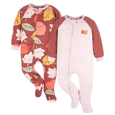 Gerber Baby Girls Flame Resistant Fleece Footed Pajamas 2-Pack, Pink Leaves, 12 Months - Image 1