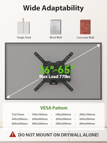 USX MOUNT UL Listed Full Motion TV Mount, Swivel Articulating Tilt TV Wall Mount for 26-65 Inch LED, 4K, Wall Mount Bracket with VESA 400x400mm Up to 77lbs, Perfect Center Design -XMM006-1 - Image 7