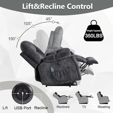 CANMOV Large Power Lift Recliner Chair with Massage, Heat, and USB for Elderly, Overstuffed Wide Recliners, Heavy Duty and Safety Motion Reclining Mechanism, Gray - Image 3