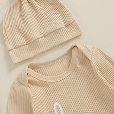 aporake Baby Boy Girl Clothes Hi I'm New Here Newborn Outfit One Piece Romper Bodysuit Jumpsuit+hat Newborn Hospital Outfit (Beige, 6-12 Months) - Image 5