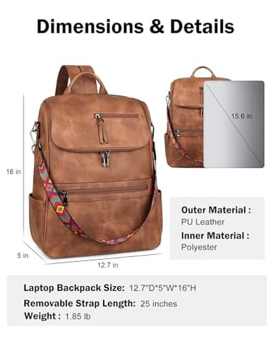 FADEON Laptop Backpack for Women Leather Travel Backpack with Laptop Compartment, Designer Ladies Computer Backpacks Brown - Image 3