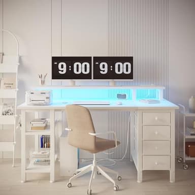 Lufeiya White Desk with Drawers Storage - 47 inch Home Office Computer Gaming Desks with Monitor Stand LED Lights and Power Outlets, White - Image 4