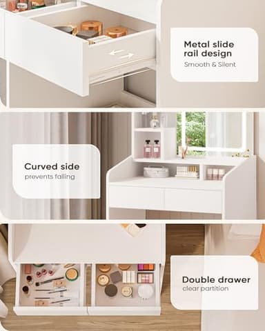 LIVELYGLOW Small Makeup Vanity Desk with Lighted Mirror, White, 23.62" W x 15.74" D x 53.93" H (Smart LED Mirror, Open Shelves, 2 Drawers) - Image 6