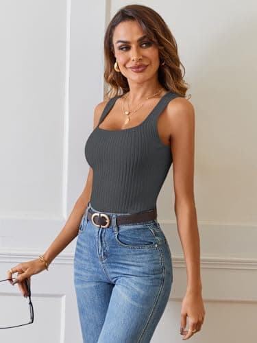 MEROKEETY Women's Ribbed Knit Tank Tops 2025 Square Neck Sleeveless Summer Basic Shirts Sweater Vest, Darkgrey, Medium - Image 2