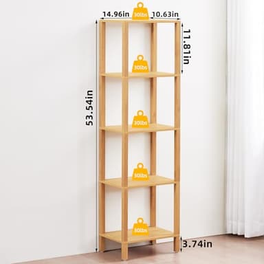 YUFAM 54in Tall Bookshelf 5-Tier Small Narrow Bookcase, Skinny Book Shelf for Small Space, Farmhouse Slim Shelf with Storage, Wood Freestanding Display Thin Bookshelves for Living Room, Natural - Image 2