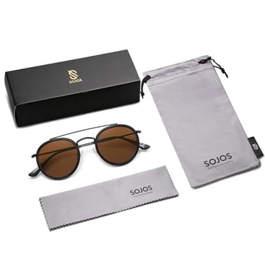 SOJOS Retro Vintage Round Polarized Sunglasses for Women Men Small Double Bridge Circle Sunnies SJ1104, Shiny Black/Brown - Image 5