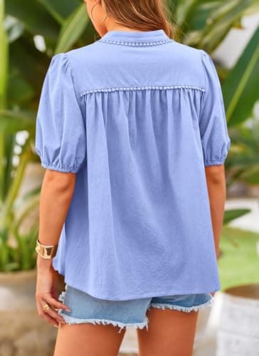 PRETTYGARDEN Women's Summer Button Down Shirts Short Lantern Sleeve V Neck Cotton Cute Dressy Casual Ladies Tops Blouses (Light Blue,Medium) - Image 2