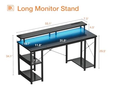 ODK 55 inch Computer Desk with Power Outlets & LED Lights, Gaming Desk with Monitor Stand & Storage Sheves, Home Office Desk, Carbon Fiber Black - Image 3