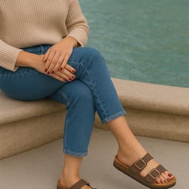 CUSHIONAIRE Lane Cork Footbed Sandals for Women – Comfortable Double Buckle Slip-On with Genuine Suede Footbed & Arch Support Slides for Women Footwear, BROWN 7.5 - Image 5
