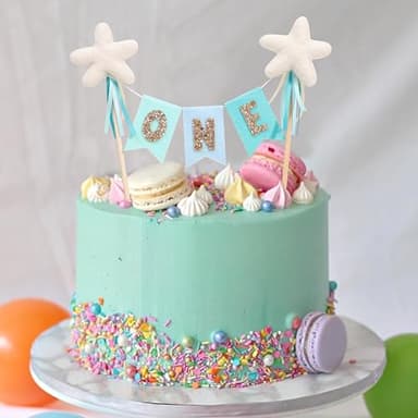 Felt Bunting Gold Glitter Cake Topper - First Birthday Party Decorations,1st Star Glitter Cake Bunting Topper,One Year Old Photo Prop (Blue One) - Image 5