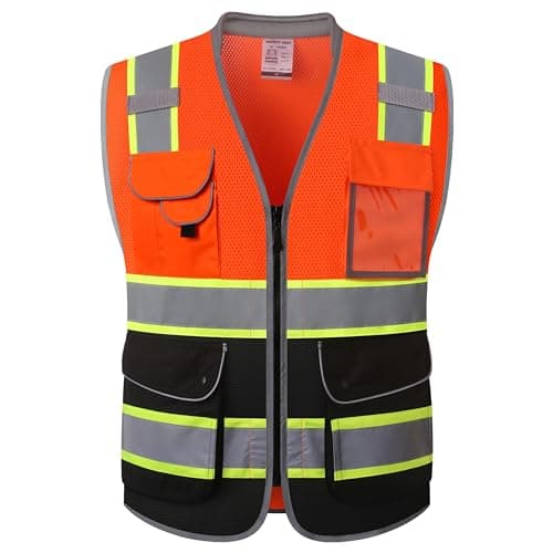JKSafety 9 Pockets Hi-Vis Safety Vest High Visibility Reflecitive Mesh Safety Vests for Men and Women Cushioned Collar Work Utility PPE Work Gear ANSI/ISEA compliant Class 2 (101-OBlk M) - Image 1