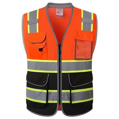 JKSafety 9 Pockets Hi-Vis Safety Vest High Visibility Reflecitive Mesh Safety Vests for Men and Women Cushioned Collar Work Utility PPE Work Gear ANSI/ISEA compliant Class 2 (101-OBlk M) - Image 1