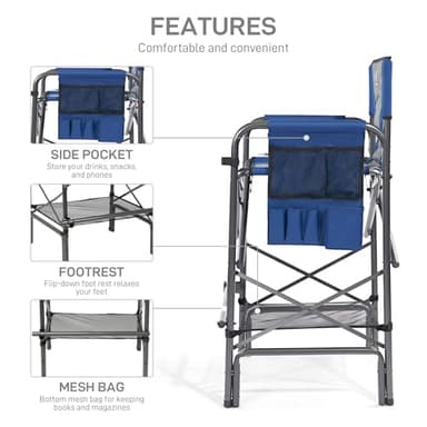 EVER ADVANCED Tall Folding Chair 30.7" Seat Height Directors Chair High Foldable Bar Stool for Makeup Artist Face Painting with Side Table Cup Holder and Storage Pocket Supports 350LBS (Blue/Grey) - Image 6