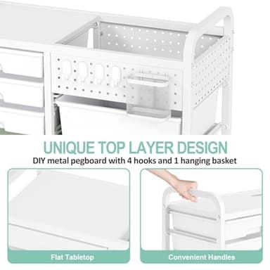 SYKIARIOL 14 Drawer Rolling Cart with Tabletop & DIY Pegboard, Storage Cart with Wheels, Classroom Organizers Utility Cart for Office Home School, Art Supplies, Mobile Craft Organizer, Green - Image 4