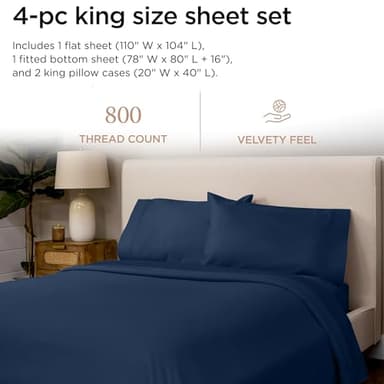 Threadmill Luxury 800 Thread Count King 100% Cotton Sheets - Folkstone Blue Sateen Weave Bed-Sheets, Better Than Egyptian Cotton, 4 Pc Solid Soft Bed Set, Fits 16" Deep Pocket - Image 2