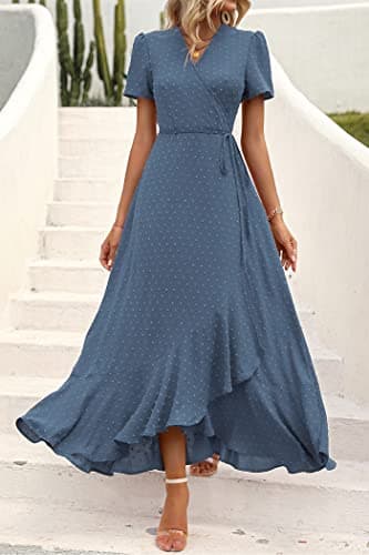 PRETTYGARDEN Women's Summer Wrap Maxi Dress Casual Boho Floral V Neck Short Sleeve Ruffle Hem Split Beach Long Dresses (Z_Blue,X-Large) - Image 5