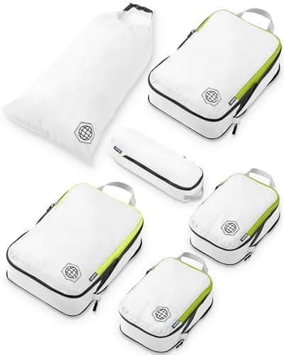 Compression Packing Cubes 6 Piece Set for Travel - Lightweight, Durable Clothes Organizer for Carry-On Luggage and Backpacks by TRIPPED Travel Gear (White and Green) - Image 1