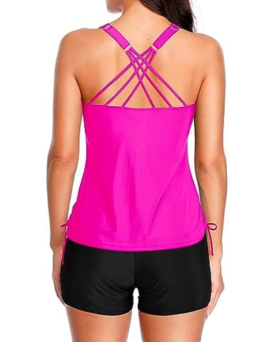 Tempt Me Two Piece Tankini Swimsuits for Women Tummy Control Bathing Suit with Shorts Athletic Swimwear Hot Pink L - Image 2
