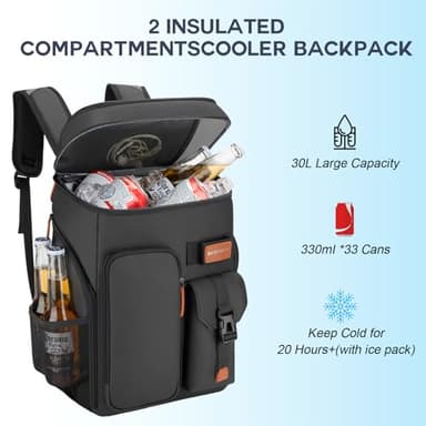 Insulated Cooler Backpack,Bagparkk 33 Cans Multifunctional Double Deck Leakproof Cooler Bag with Sternum Strap,Large Capacity Lightweight Travel Camping Beach Backpack Cooler Ice Chest for Men Women - Image 8