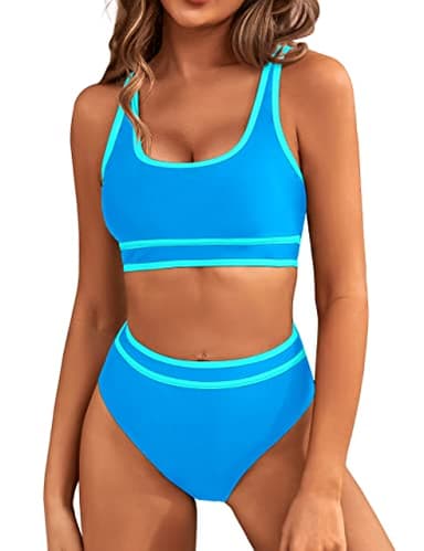 BMJL Women's High Waisted Bikini Sets Sporty Two Piece Swimsuits Color Block Cheeky High Cut Bathing Suits(M,Blue) - Image 1