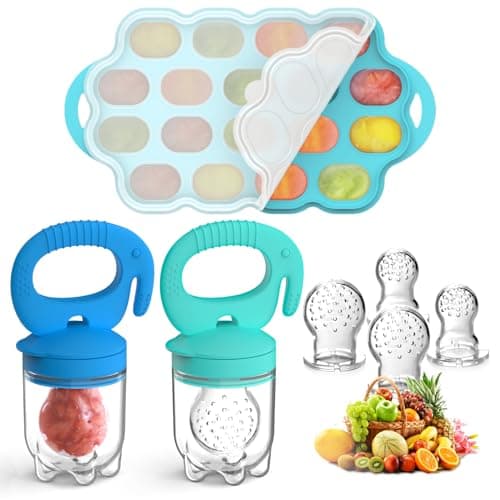 Tohecu Silicone Baby Food Teether Feeder with Breastmilk Popsicle Molds Combo, BPA Free Fruit Food Feeder Pacifier, Teething Popsicle for Baby 4m+, 3 Sizes Food Pouches Included - Image 1