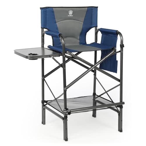 EVER ADVANCED Tall Folding Chair 30.7" Seat Height Directors Chair High Foldable Bar Stool for Makeup Artist Face Painting with Side Table Cup Holder and Storage Pocket Supports 350LBS (Blue/Grey) - Image 1