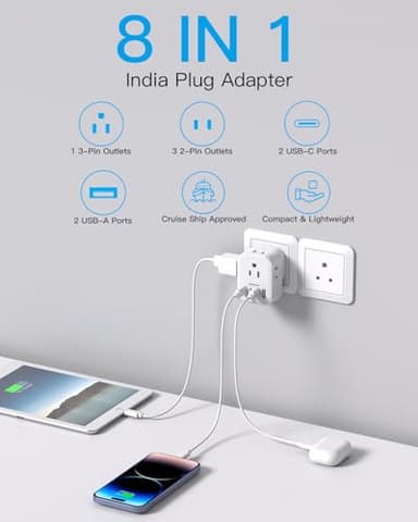 2 Pack US to India Plug Adapter, HANYCONY Type D Travel Plug Adapter with 4 Outlets 4 USB Charger (2 USB C Ports), India Power Adapter for USA to India, Bangladesh Maldives Pakistan Nepal Sudan - Image 2