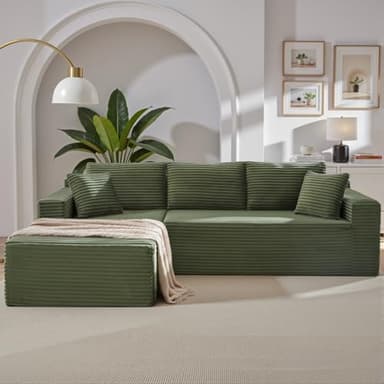 Cloud Sectional Couch,105 Inch Modern Modular Sectional Sofa with Deep Seat,Corduroy Boneless Couches with L-Shape Chaise for Living Room Bedroom,No Assembly Required (Green, Left Facing Chaise) - Image 1