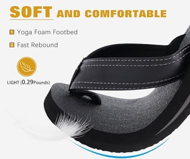 KuaiLu Men's Leather Flip Flops Arch Support Summer Beach Pool Water Thong Sandals Waterproof Rubber Walking Shoes Slip on Orthotic Casual Sport Cushioned Wide Slides Shower Slippers Black Size 14 - Image 3