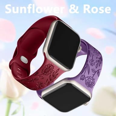6 Pack Floral Engraved Bands Compatible with Apple Watch Band 40mm 44mm 38mm 41mm 45mm 49mm 42mm Women, Soft Silicone Cute Flower Sport Strap for iWatch Bands Series 11 10 9 8 7 6 5 4 3 2 1 SE Ultra 3 - Image 4