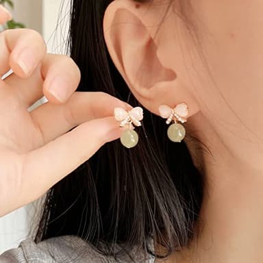 LOOYUUPEE Natural Hetian Jade Bow Earrings, Dainty Green Real Jade Charm Pendant Jewelry Studs, Handmade Ear Stud Earrings Hoop Earrings for Women (925 Sterling Silver with Gold Plated) - Image 3