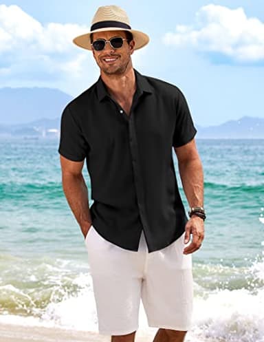 COOFANDY Men's Linen Shirts Short Sleeve Casual Shirts Button Down Shirt for Men Beach Summer Wedding Shirt Black - Image 2