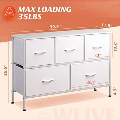 WLIVE White Dresser for Bedroom with 5 Drawers, Chest of Drawers, Fabric Small Dresser with Drawer Organizers, Storage Organizer Unit for Hallway, Entryway, Closets - Image 3