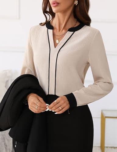 Fayenne Womens Long Sleeve Tops Dressy Casual V Neck Color Block Business Casual Outfits Work Blouses Office Shirts Apricot - Image 2