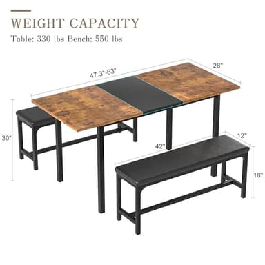 VECELO 3-Piece 63" Extendable Kitchen Table with Benches/Chairs, Modern Breakfast Dinette/Dining Room Set for 4/6/2, Small Space Saving Design, Easy Assembly - Image 6