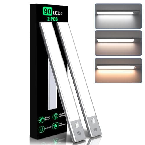 Foctro Closet Lights, 90leds Motion Sensor Light Indoor, 2000mah Rechargeable Under Cabinet Lighting Wireless with 3 Color Temps, 2 Pack Magnetic Dimmable Under Counter Lights for Kitchen - Image 1