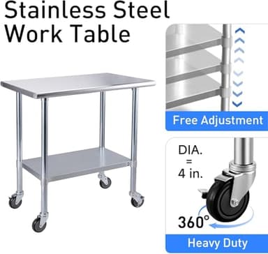 ROCKPOINT Stainless Steel Table for Prep & Work with Caster Wheels 30x72 Inches, NSF Metal Commercial Kitchen Heavy Duty Table with Adjustable Under Shelf and Table Foot for Restaurant, Home and Hotel - Image 4