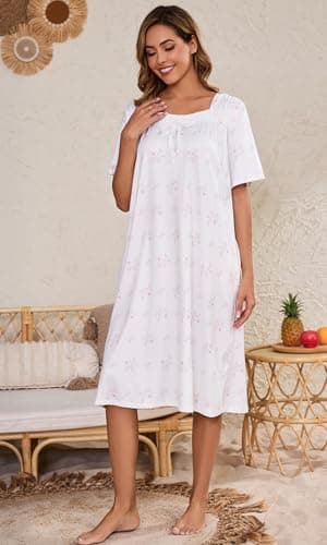 Kabento Short Sleeve Houe Dresses for Women with Pockets, White Pink Flowers, Large - Image 4