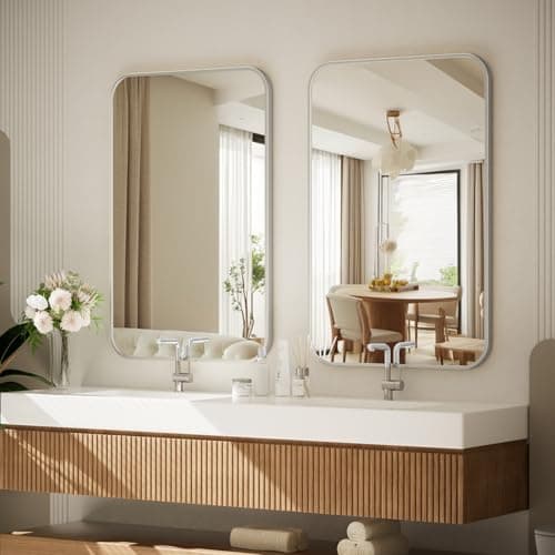 BEAUTYPEAK Wall Mirror 24" x 36" Rectangular Bathroom Mirror with Aluminum Alloy Frame, Rounded Corners Hanging Mirror for Living Room Bedroom Bathroom Entryway, Hangs Horizontal or Vertical, Silver - Image 1