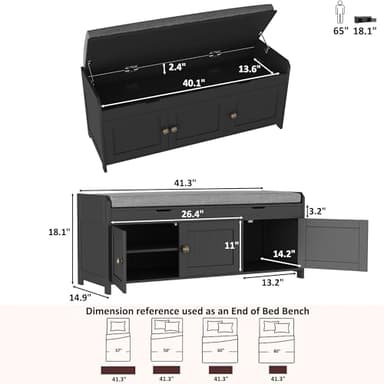 HOMEFORT 41.3" Shoe Bench with Lift Top Storage, Entryway Bench with Cushioned Seat, Wooden End of Bed Bench, Shoe Cabinet Bench with Hidden Storage Space, for Bedroom, Hallway,Black - Image 3