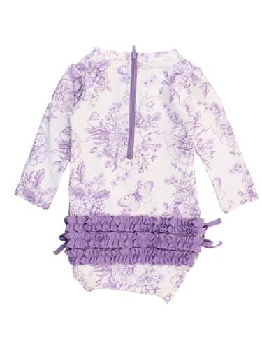 RuffleButts Baby Girls UPF 50+ Sun Protection Floral Printed Long Sleeve One Piece Rash Guard Swimsuit with Zipper - Wisteria Purple Butterfly Garden Toile, 3-6m - Image 2