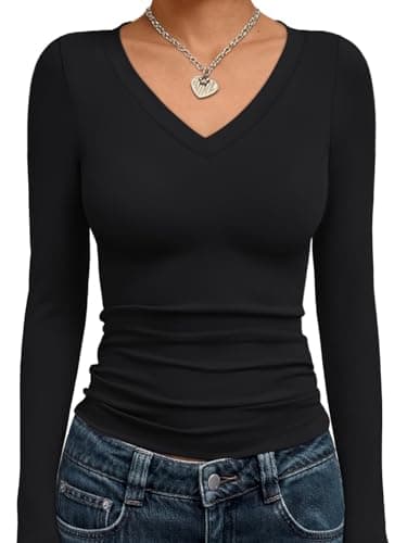 Trendy Queen Long Sleeve Shirts for Women 2025 Early Fall Fashion Crop Tops for Women V Neck Casual Basics Slim Fitted Y2K Cute Dress Tops Outfits Clothes Blouses Black S - Image 1