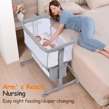 Ezebaby Bedside Bassinet for Baby, Portable Baby Bassinet Bedside Sleeper for Newborn Infants with Wheels Storage Basket, Adjustable 7 Heights and All Mesh Sides - Image 2