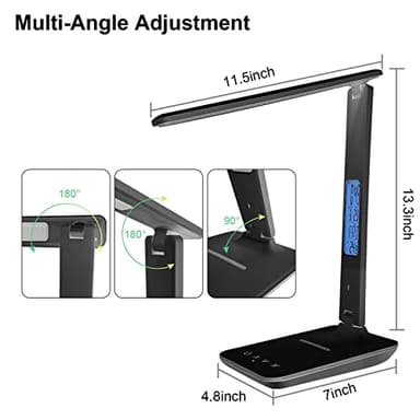 Desk Lamp with Wireless Charger，USB Charging Port, Dimmable Office Desk Light with Clock, Alarm, Date, Temperature, Foldable Lamp for Table Bedroom Bedside Office (Black, Standard Size-13.3 inch) - Image 5