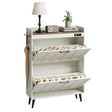 ChooChoo Shoe Storage Cabinet with 2 Flip Drawers, Deodorizing Shoe Organizer Storage for Entryway, Freestanding Hidden Slim Narrow Shoe Rack Cabinet, Antique White & Brown - Image 9