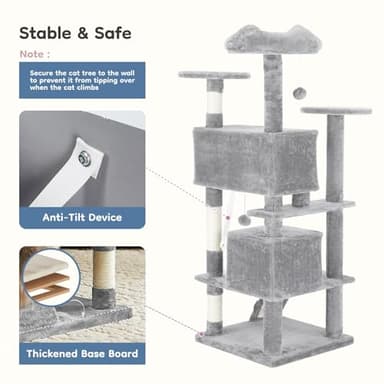 DUMOS 54-inch Indoor Cat Tree Tower –Multi-Level Pet House for Large Cats with 2 Condos, Scratching Posts, Round Platform, Small Ladder, and Toys, Light Grey - Image 7