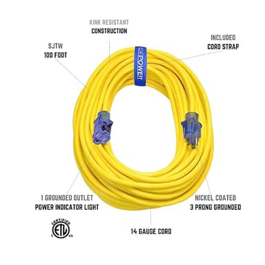 Clear Power 100 ft 14/3 SJTW Heavy Duty Outdoor Extension Cord with Lighted Locking Connector, Yellow, Water, Weather & Kink Resistant, Flame Retardant, 3 Prong Grounded Plug, CP10131 - Image 2