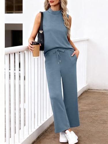 Casly Lamiit 2 Piece Outfits for Women 2025 Summer Lounge Sets Travel Outfits Sleeveless Top Cropped Pants Spring Matching Casual Tracksuit Trendy Clothing Blue Grey L - Image 4