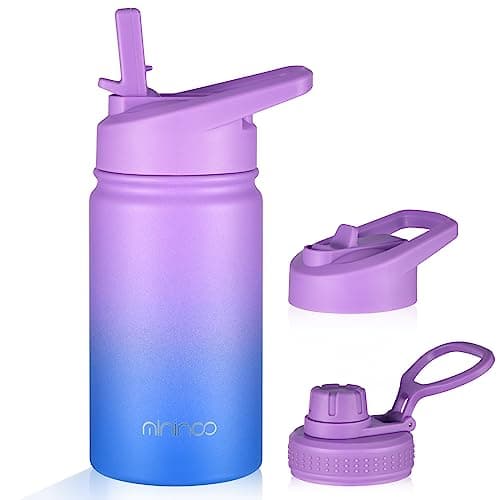 Mininoo Insulated Kids Water Bottle, 12 oz Stainless Steel Water Bottle Kids with Straw Lid and Chug Lid for Girls, Boys (Purple/Blue) - Image 1