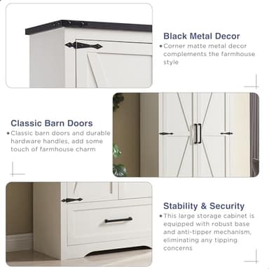 JXQTLINGMU Farmhouse Kitchen Pantry Cabinet - 72" Tall Wood Kitchen Storage Cabinets with Adjustable Shelves & 2 Barn Style Doors & Drawer, Versatile Storage for Dining Room, Bathroom, Antique White - Image 4